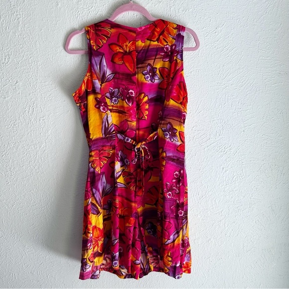 Vintage 90s tropical button down playsuit romper Sz Medium Red Purple - Picture 2 of 4